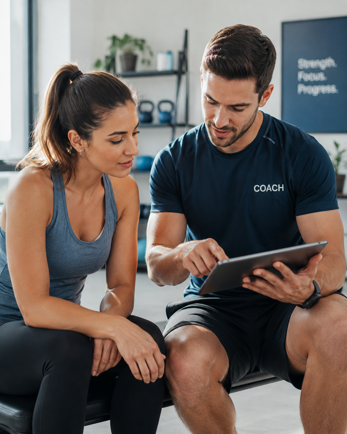 A coach reviewing progress on a tablet with a client in a gym
