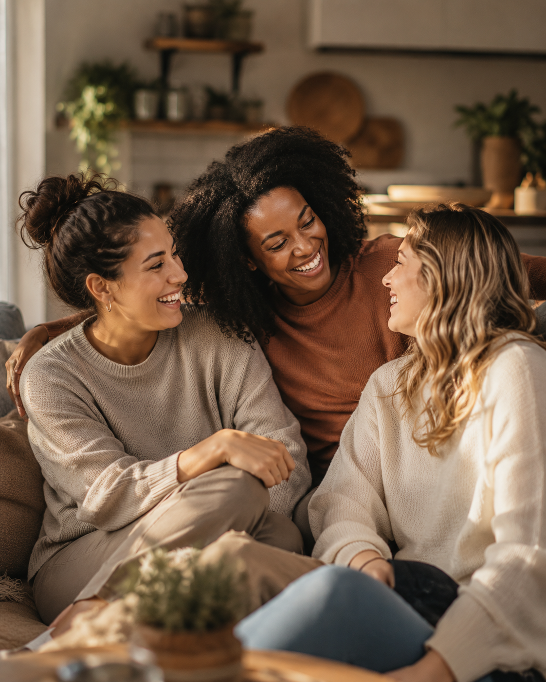 Three friends sitting on a couch laughing together in a bright living room